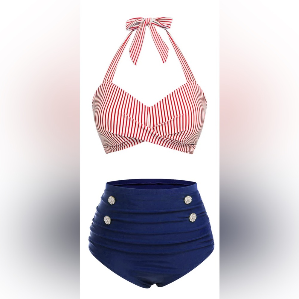 ✨Retro Stage Red & Blue Striped Halter Swimsuit Set✨